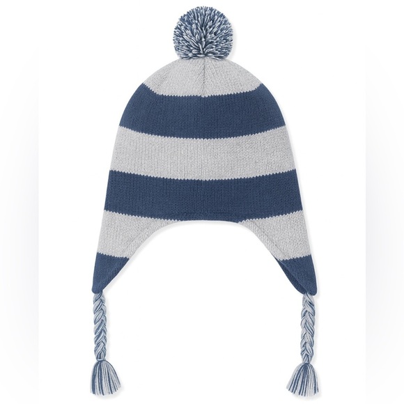 Old Navy Kids Fleece Lined Earflap Hat Navy Gray Stripes Pom Pom Winter Size 5T - Picture 4 of 5